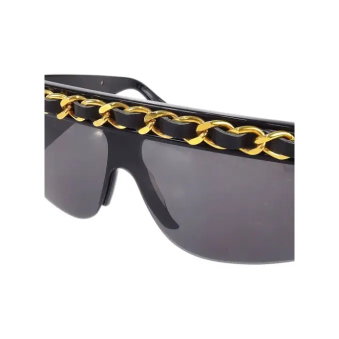 CHANEL 1990 2000s Leather and chain Trimmed Shield Sunglasses-1