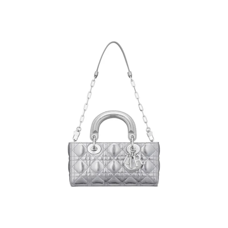 DIOR Lady D-JOY Pleated Cow Leather Shoulder Bag Crossbody Bag Handbag Small Size Women's Silver-1