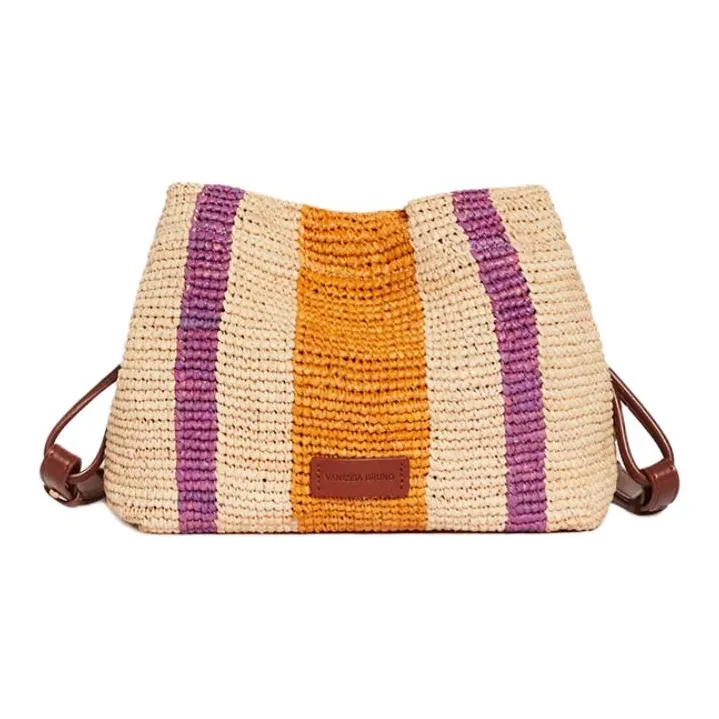 Vanessa Bruno Raffia Handbag Shoulder Bag Women's Multicolor With Orange Accents-0
