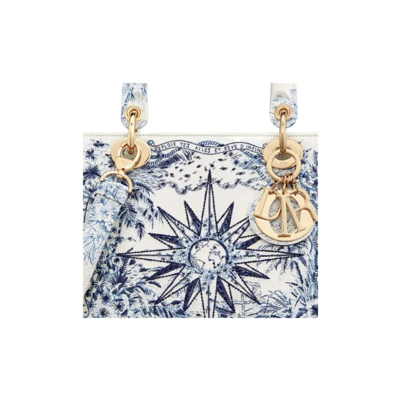 DIOR Lady Dior Embroidered Cow Leather Dior Bag Shoulder Bag Crossbody Bag Handbag Medium Size Women's Blue & White-5