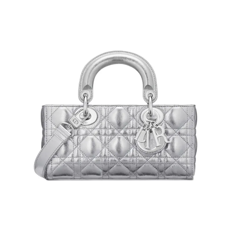 DIOR Lady D-JOY Pleated Cow Leather Shoulder Bag Crossbody Bag Handbag Small Size Women's Silver-0
