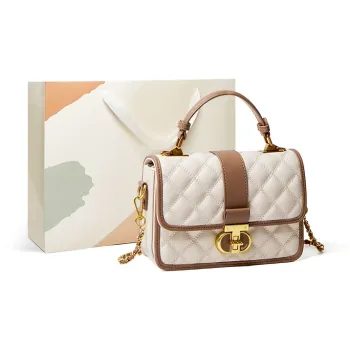 15 MINS Cow Leather Chain Bag Handbag Small Square Bag Shoulder Bag Crossbody Bag Medium Size Women's Ecru & Brown