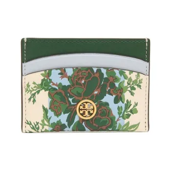 TORY BURCH Leather Card Holder Women's Ivory Blue Green Floral Stripes