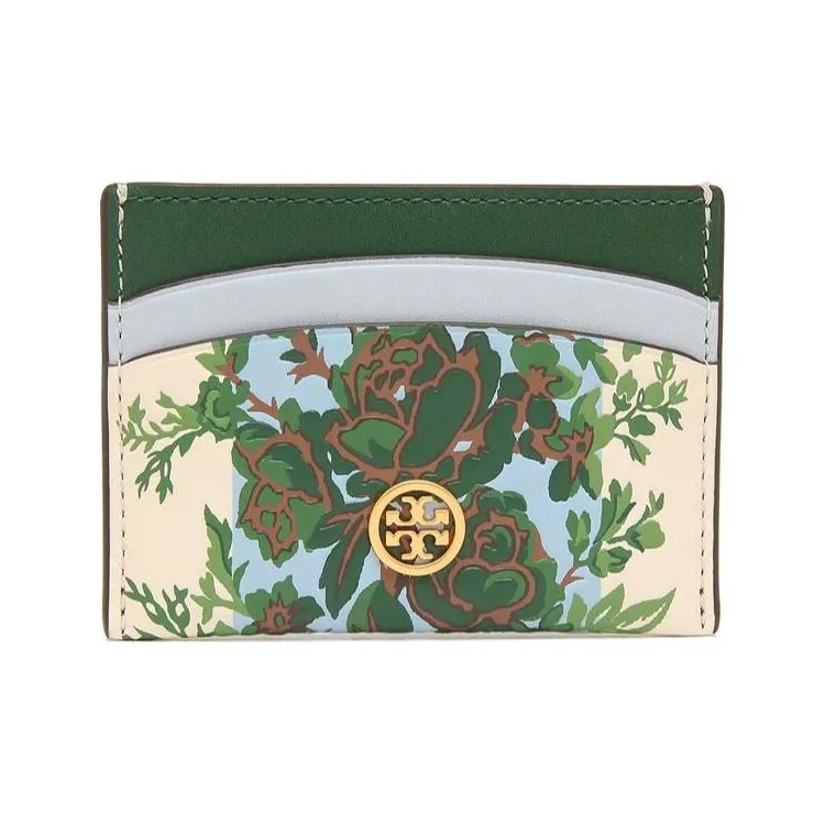 TORY BURCH Leather Card Holder Women's Ivory Blue Green Floral Stripes-0