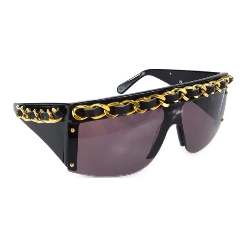 CHANEL 1990-2000s Leather-and-chain Trimmed Shield Sunglasses-2