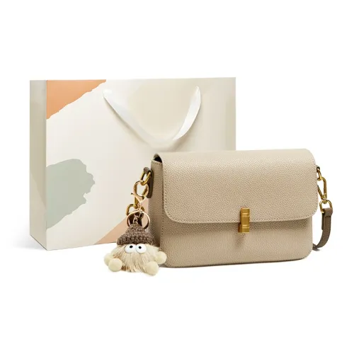 15 MINS Cow Leather Shoulder Bag Crossbody Bag Small Square Bag Regular Women's Cream Apricot
