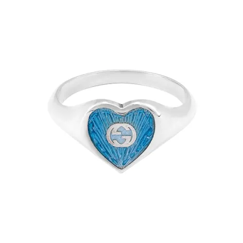 Gucci Ring With Interlocking G Enamel Heart Silver/Light Blue