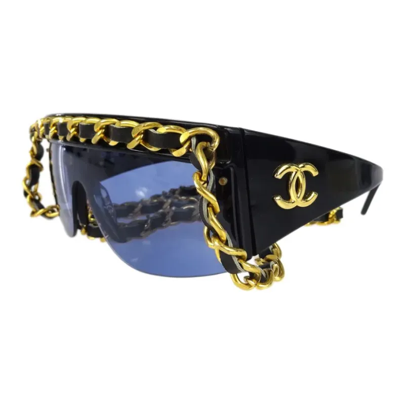 CHANEL Pre Owned 1990 2000 Leather and chain Trimmed Shield Sunglasses-1