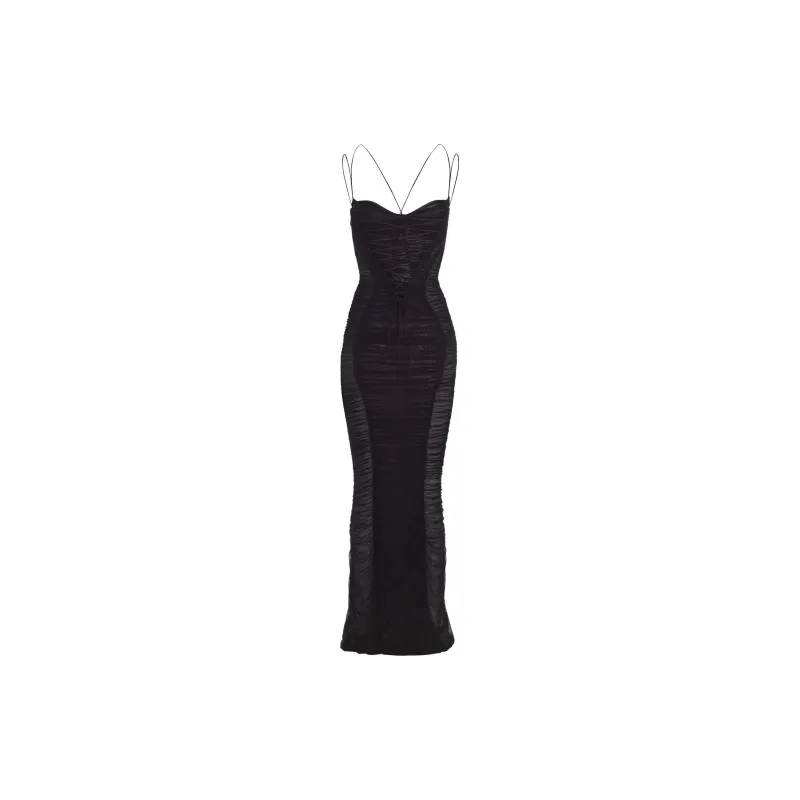 Mugler SS24 Backless Ruched Mesh Gown Slip Dresses Women's Black-1