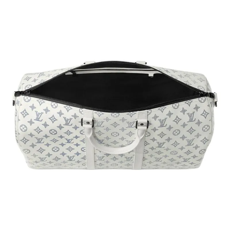LOUIS VUITTON Keepall Coated Canvas With Leather One Shoulder Crossbody Portable Travel Bag Men's White With Marine-1