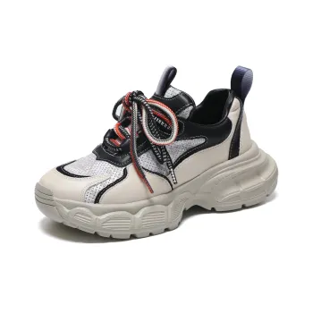 SHOUBA Cushioning Abrasion Resistant Lightweight Low Top Chunky Sneakers Women's Black Beige