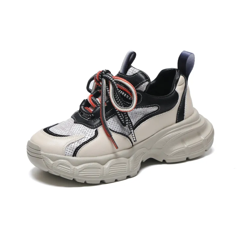 SHOUBA Cushioning Abrasion Resistant Lightweight Low Top Chunky Sneakers Women's Black Beige-0