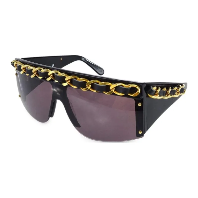 CHANEL 1990-2000s Leather-and-chain Trimmed Shield Sunglasses-0