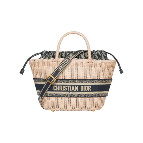 DIOR Oblique Printed Fabric With Wicker Accents Shoulder Bag Crossbody Bag Handbag Women's Natural