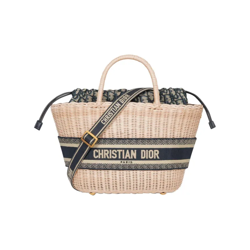 DIOR Oblique Printed Fabric With Wicker Accents Shoulder Bag Crossbody Bag Handbag Women's Natural-0