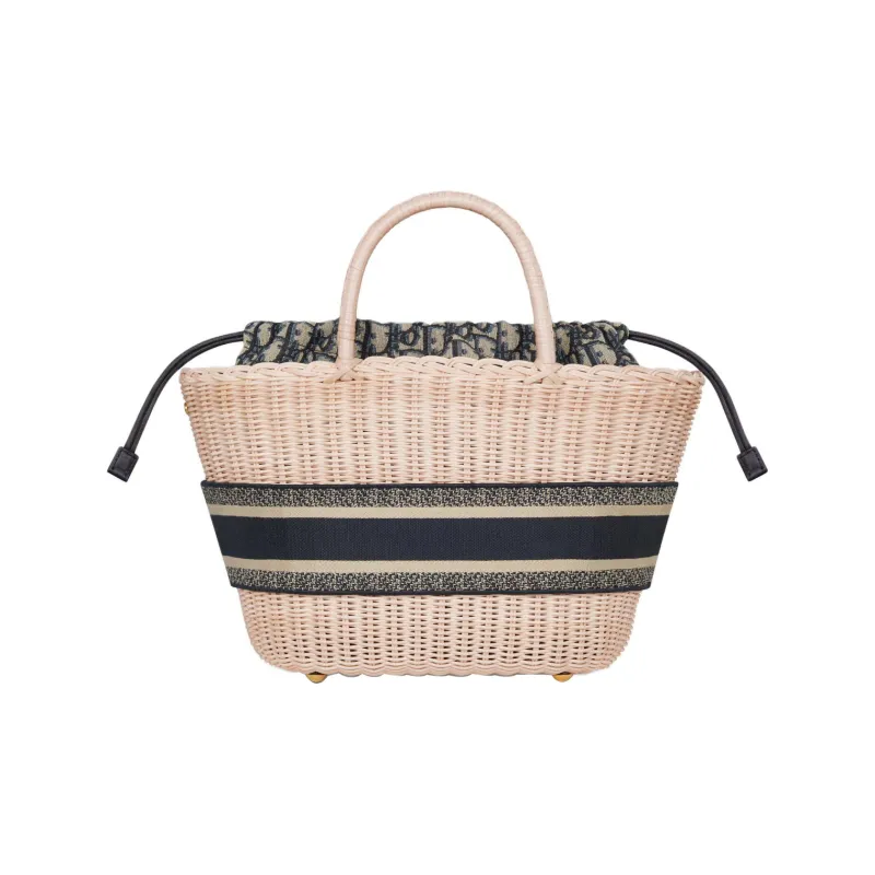 DIOR Oblique Printed Fabric With Wicker Accents Shoulder Bag Crossbody Bag Handbag Women's Natural-3