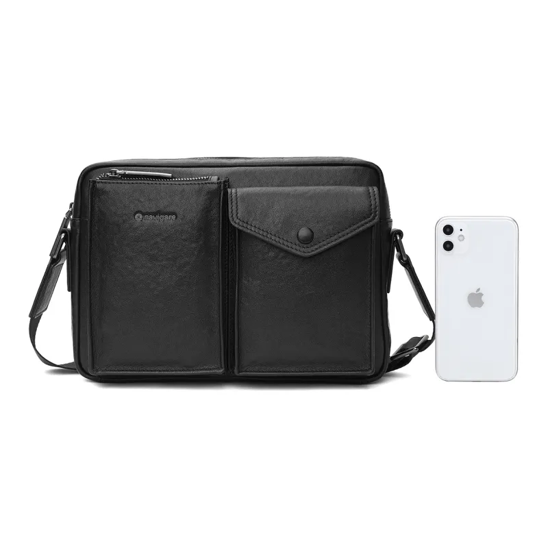 NAVIGARE Cow Leather Shoulder Bag Crossbody Bag Tote Bag Medium Size Men's Black-4