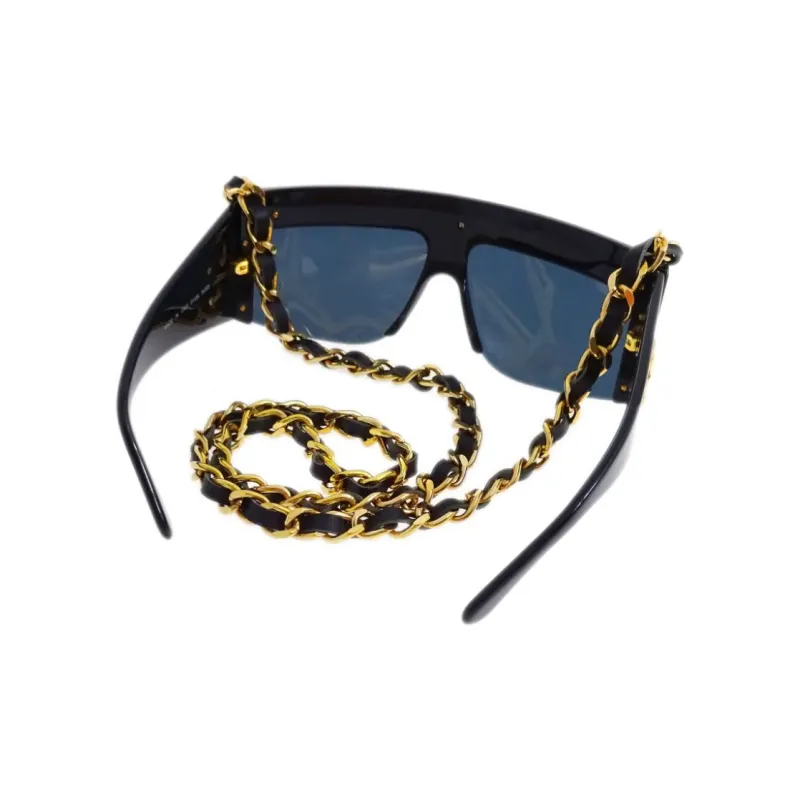CHANEL Pre Owned 1990 2000 Leather and chain Trimmed Shield Sunglasses-2