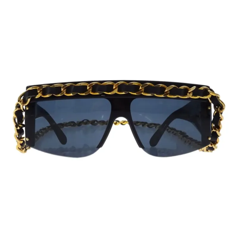 CHANEL Pre Owned 1990 2000 Leather and chain Trimmed Shield Sunglasses-0