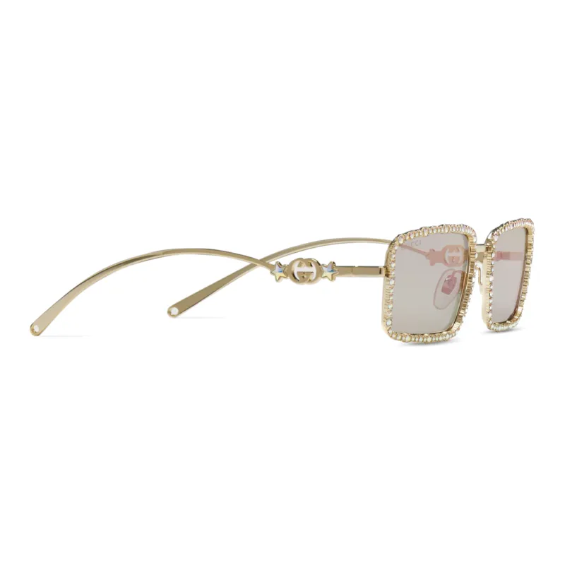 GUCCI Metal Crystal Square Sunglasses Women's Gold-2
