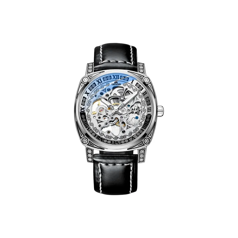 LIBER AEDON Automatic Mechanical Movement Genuine Leather Strap Black Dial Men's Watches-1