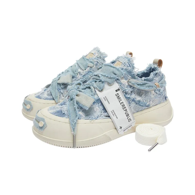 SMILEREPUBLIC Ripped Distressed Denim Anti-Slip Wear-Resistant Low-Top Canvas Shoes Unisex Blue-2