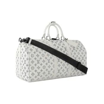 LOUIS VUITTON Keepall Coated Canvas With Leather One Shoulder Crossbody Portable Travel Bag Men's White With Marine