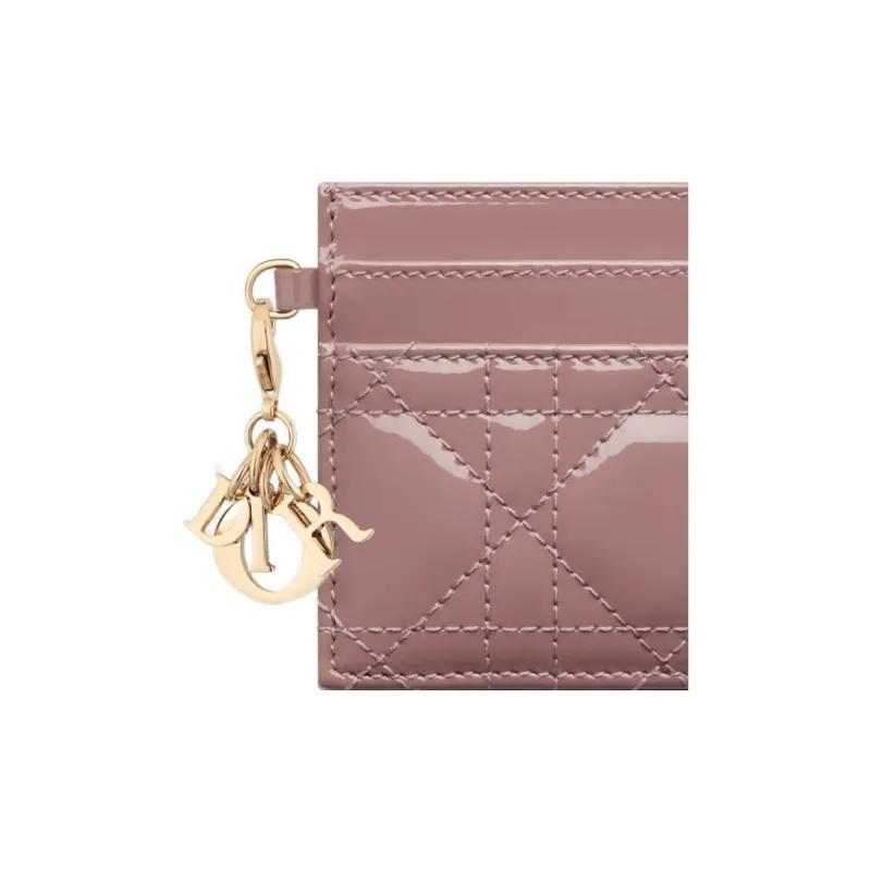 DIOR Lady Dior Patent Leather Cowhide Card Clip Card Holder Women's Pink Peony-3