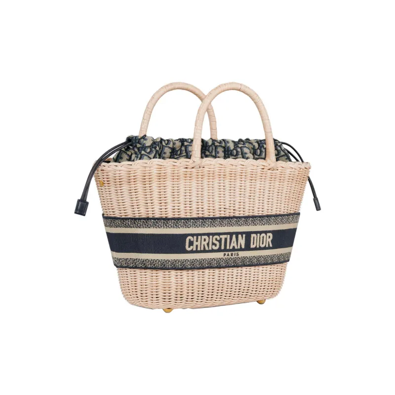DIOR Oblique Printed Fabric With Wicker Accents Shoulder Bag Crossbody Bag Handbag Women's Natural-2