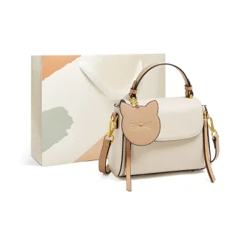 15 MINS Cow Leather Small Cat Pendant Square Bag Crossbody Bag Shoulder Bag Handbag Small Size Women's Ecru