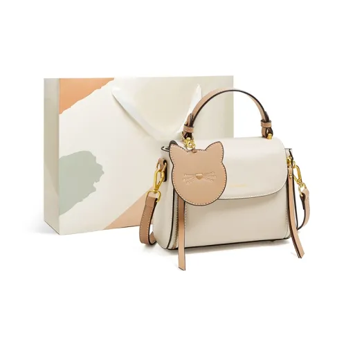 15 MINS Cow Leather Small Cat Pendant Square Bag Crossbody Bag Shoulder Bag Handbag Small Size Women's Ecru