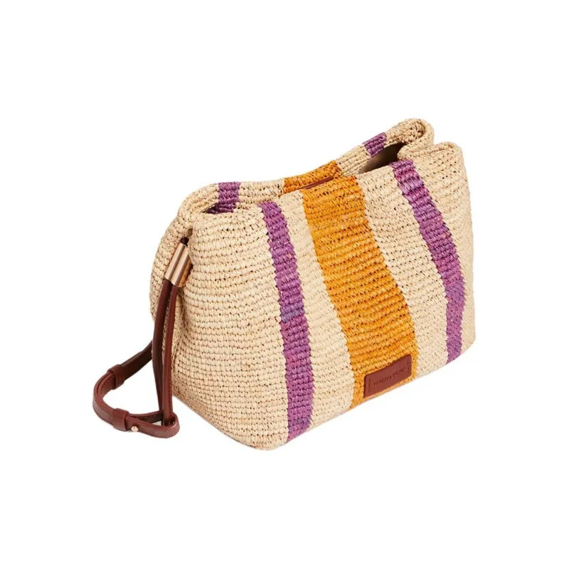 Vanessa Bruno Raffia Handbag Shoulder Bag Women's Multicolor With Orange Accents-2