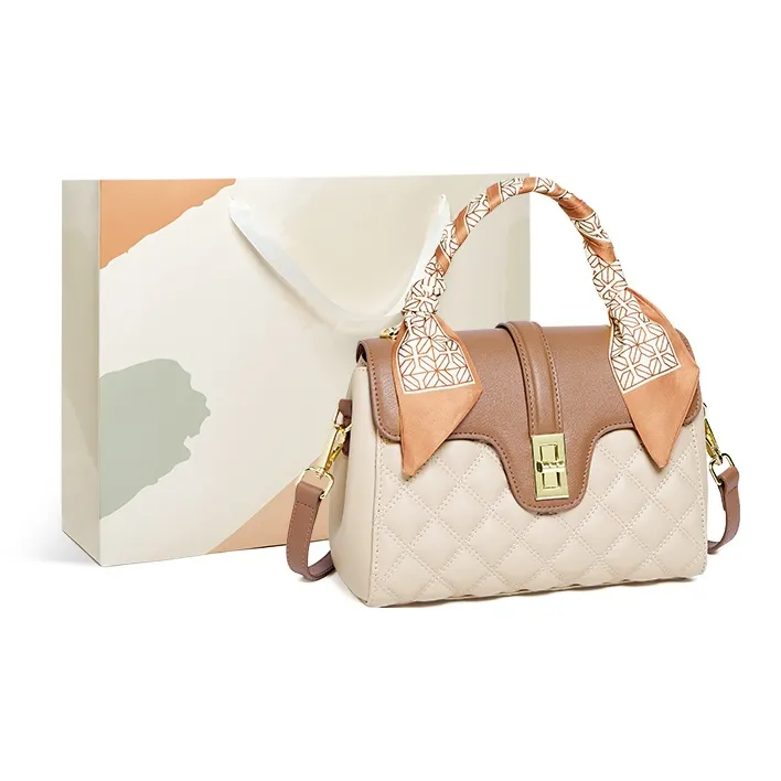 15 MINS Cow Leather With Synthetic Leather Handbag, Shoulder Bag, Crossbody Bag Regular Women's Cream Apricot & Brown-0