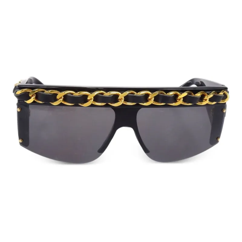 CHANEL 1990 2000s Leather and chain Trimmed Shield Sunglasses-0