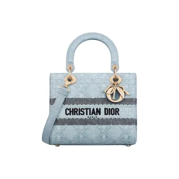 DIOR Lady D-Lite Raffia Grass Shoulder Bag Crossbody Bag Handbag Medium Size Women's Sky Blue