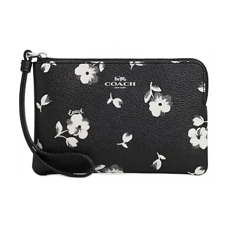 COACH Corner Zip Leather Wrist Bag Clutch Small Size Women's Silver Hardware & Chalk Multicolor-0