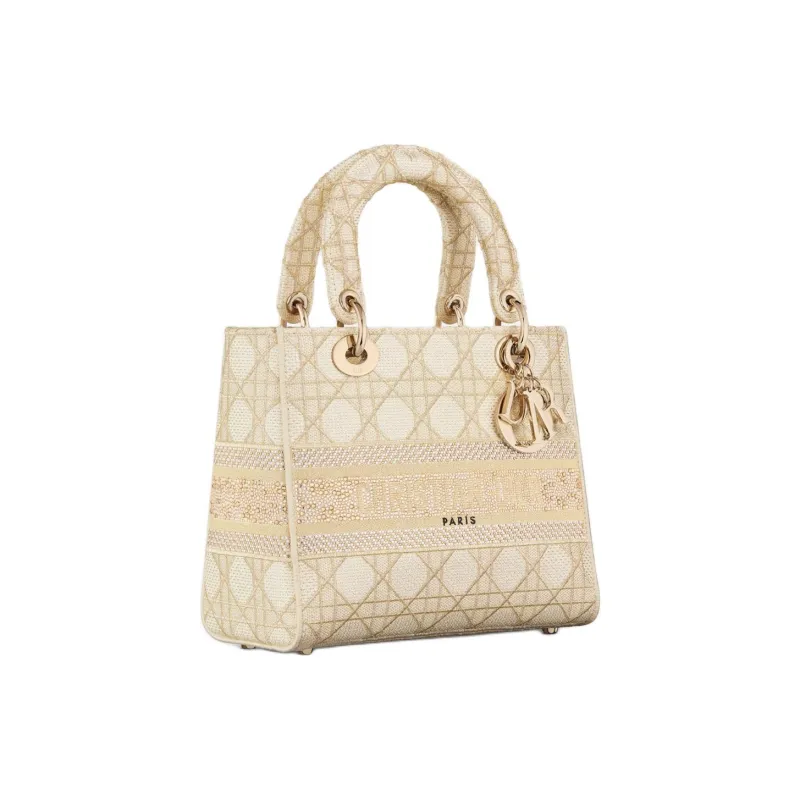 DIOR Lady D-Lite Rattan Embroidery Shoulder Bag Crossbody Bag Handbag Medium Size Women's Light Gold-2
