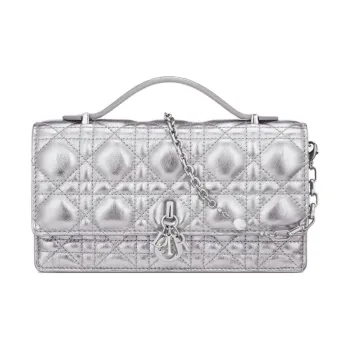 DIOR Pleated Cow Leather Shoulder Bag Crossbody Bag Handbag Mini Women's Silver