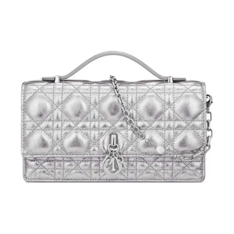 DIOR Pleated Cow Leather Shoulder Bag Crossbody Bag Handbag Mini Women's Silver-0