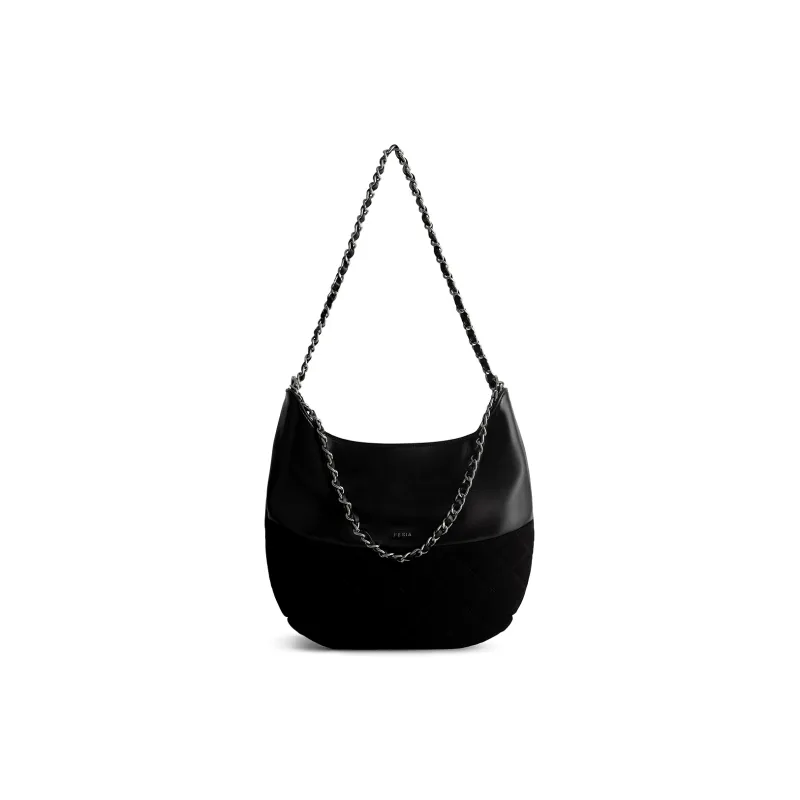 FERIA Split Cow Leather New Moon Hobo Bag Shoulder Bag Women's Gray/Black-6