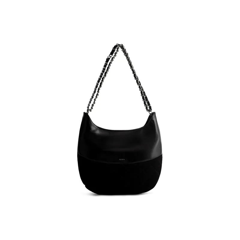 FERIA Split Cow Leather New Moon Hobo Bag Shoulder Bag Women's Gray/Black-5