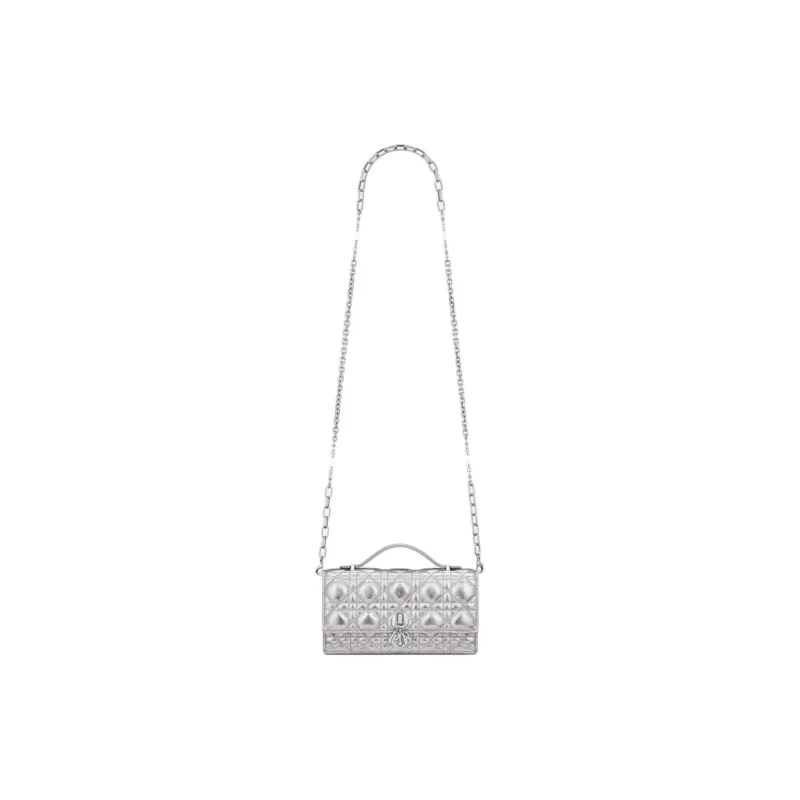 DIOR Pleated Cow Leather Shoulder Bag Crossbody Bag Handbag Mini Women's Silver-1