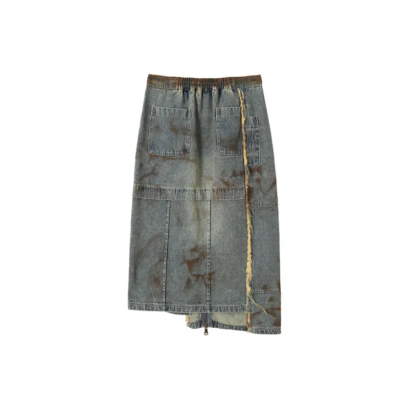 BE ALL KABUTO Denim Long Skirt Women's Dirty Washed Blue-1