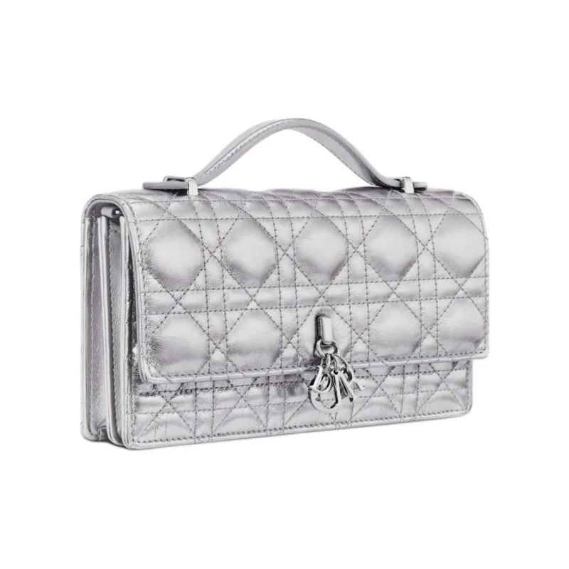 DIOR Pleated Cow Leather Shoulder Bag Crossbody Bag Handbag Mini Women's Silver-2