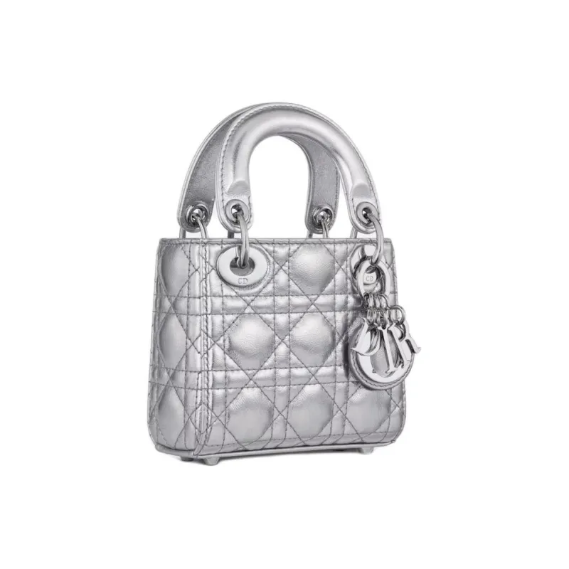 DIOR Lady Dior Wrinkled Cow Leather Shoulder Bag Crossbody Bag Handbag Extra Mini Women's Silver-2
