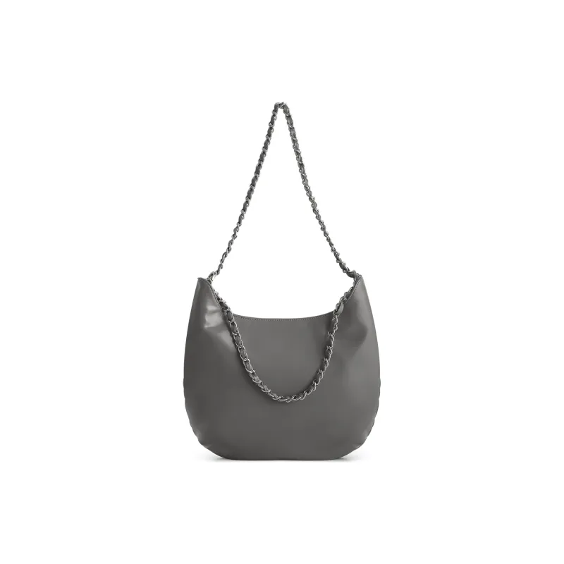 FERIA Split Cow Leather New Moon Hobo Bag Shoulder Bag Women's Gray/Black-3