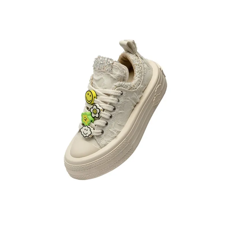FORESHADOW 'Double Uni' Sneaker Anti Slip And Wear Resistant Height Increasing Low Top Canvas Shoes Women's White-1