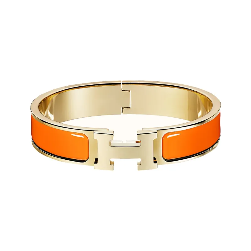 HERMES Enamel Bangles Unisex Orange Gold-1
