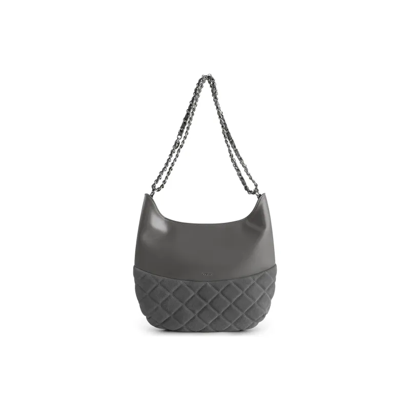 FERIA Split Cow Leather New Moon Hobo Bag Shoulder Bag Women's Gray/Black-0