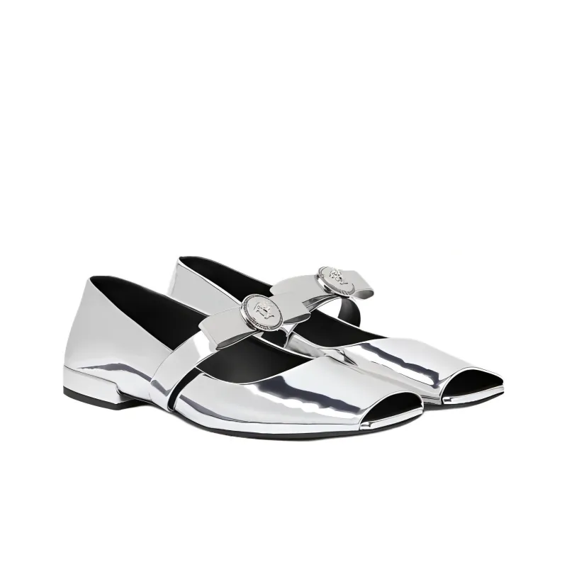 VERSACE Gianni Ribbon Metallic Ballerina Shoes-2